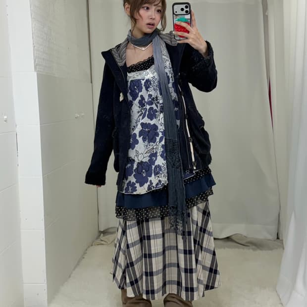 네이비 플라워패턴 체크 도트 하구미 오프숄더 모리걸 코디세트
