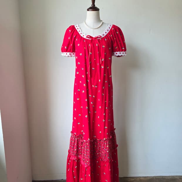 70s 레어 빈티지 마모 하와이 잔꽃 레이스 맥시 원피스