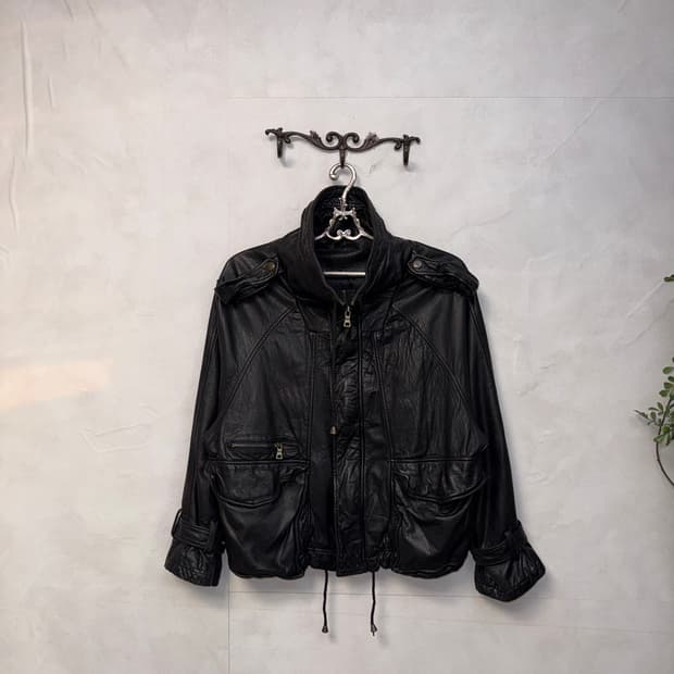 Black lamb skin high neck bomber 