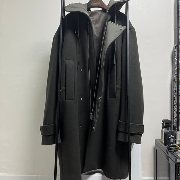 정품 46) 준지 Juun.j 투톤 카키 후드 롱 코트