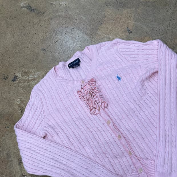 폴로 랄프로렌 딸기우유 프릴 꽈배기 니트 가디건 