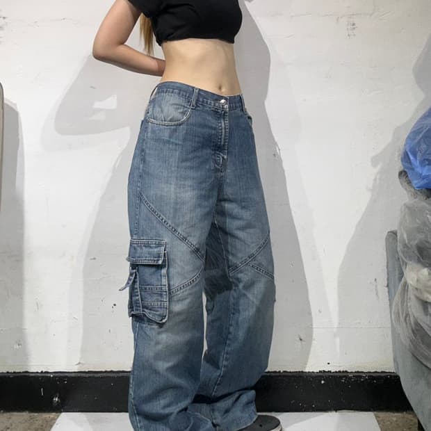 빈티지 중청 데님 카고 와이드 팬츠 