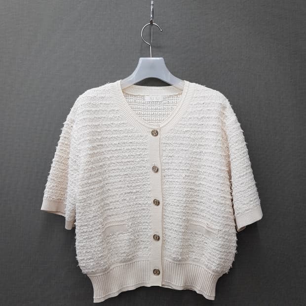 한섬 SJSJ 2022 아이보리 트위드 니트 반팔 가디건 F사이즈