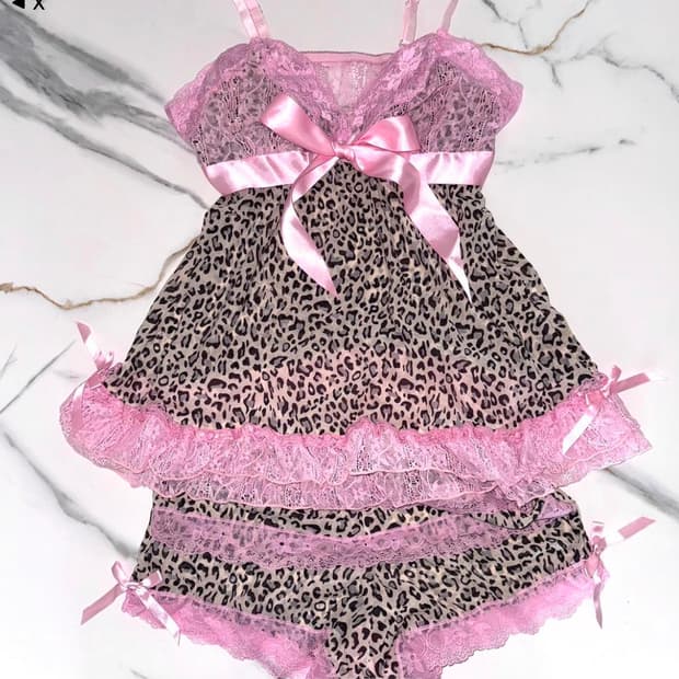 빈티지 핑크 호피 리본 레이스 슬립 슬리브리스 세트 히메갸루 ma*rs