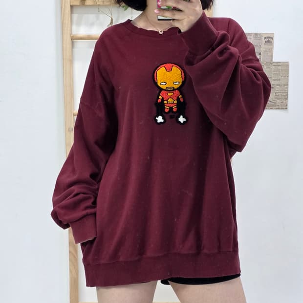 [프립]2XL/마블 아이언맨 자수 맨투맨 티셔츠 버건디