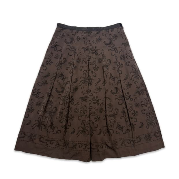빈티지 브라운 자수 플레어 미디 스커트