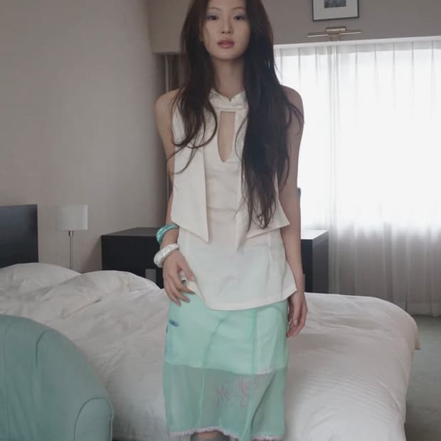 뮤즈뮤지엄 Printed Midi Lace Skirt _Mint