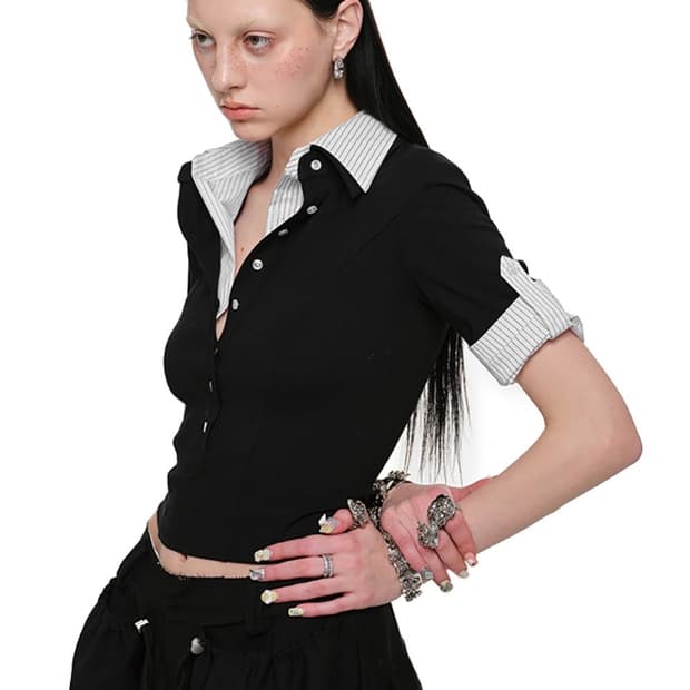 테스트메커니즘 투피스 셔츠 레이어드 슬림 티셔츠 블랙 L