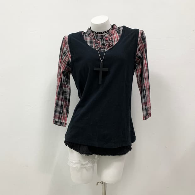 [WILD CHILD] 고스 펑크 고딕 체크 미사 니트 셔츠 