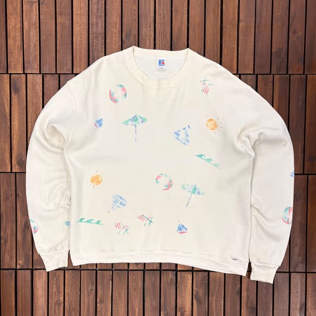 (L) 80s 러셀 파스텔 수채화 프린팅 맨투맨 made in USA