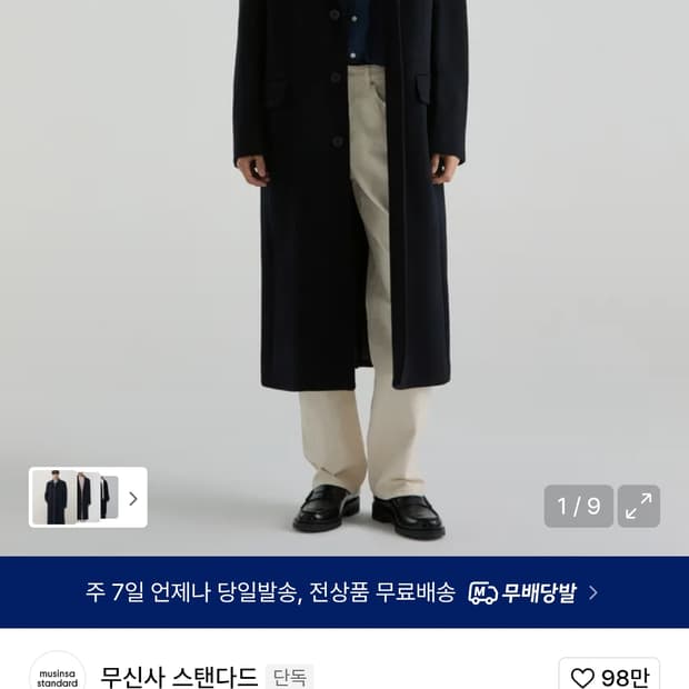 무신사 스탠다드 캐시미어 블렌드 대디 숄더 싱글 롱 코트 네이비