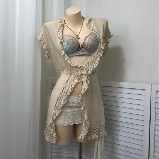 crochet ruffle ivory long cardigan