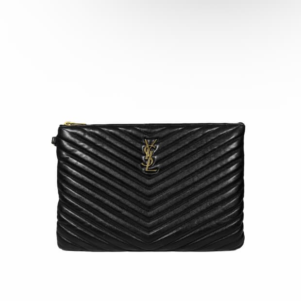 생로랑 카산드라 마틀라세 모노그램 로고 테블릿 파우치 클러치 블랙 금장