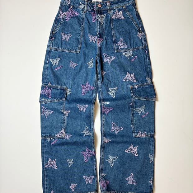 가니 GANNI 버터플라이 자수 와이드 카고 데님 팬츠 PN8898