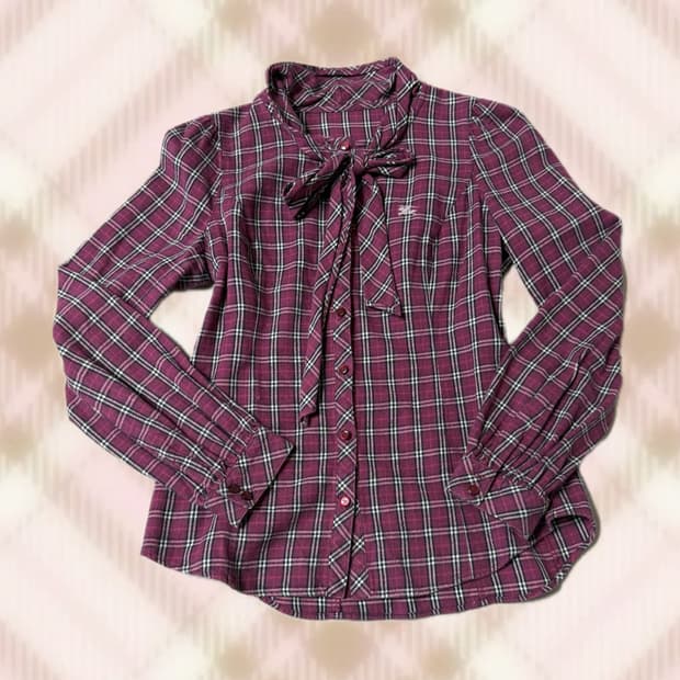 버버리  체크 리본 셔츠 블라우스 히메 오네 갸루 러블리 로걀 빈티지