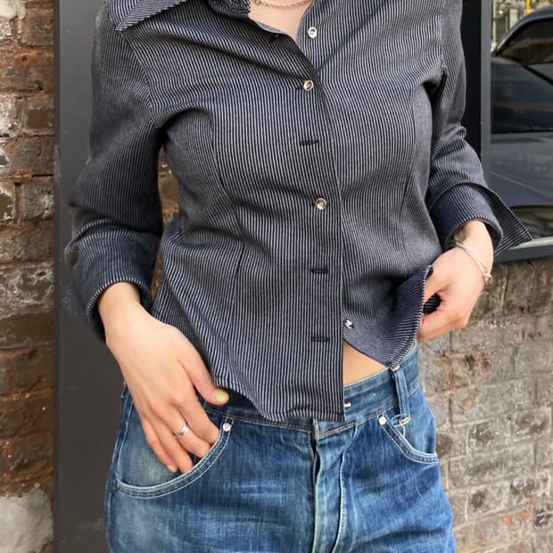 크롭 스트라이프 웨스턴 카라 셔츠