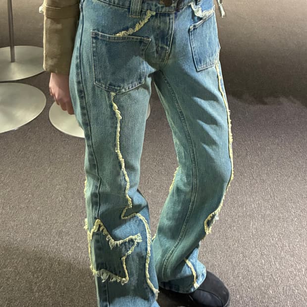 M)X-girl 빈티지 여성 별패치 부츠컷 연청 데님팬츠