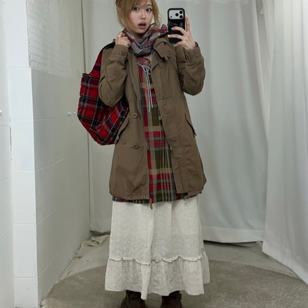 패치워크 체크 너드 하구미 야상 코디세트