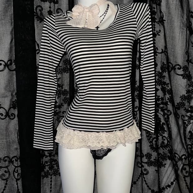 lace striped halterneck long-sleeve