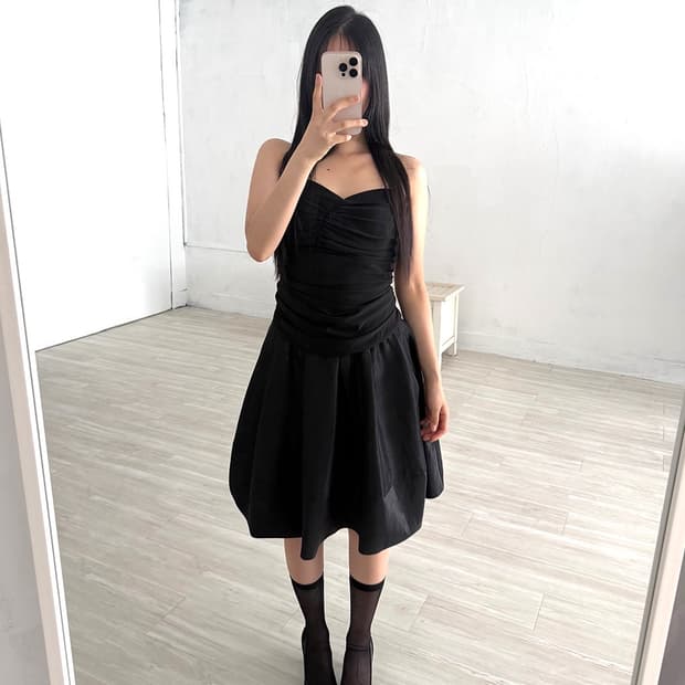 Black Balletcore Shirred Midi Dress