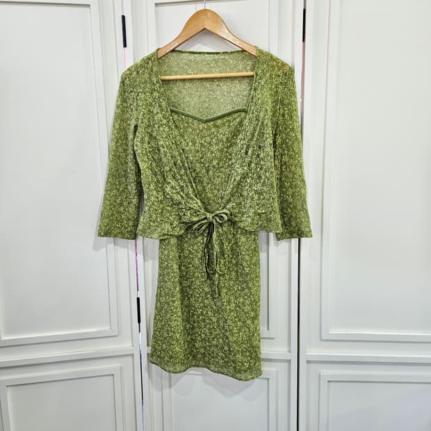 빈티지 그린 플로럴 원피스 가디건 세트