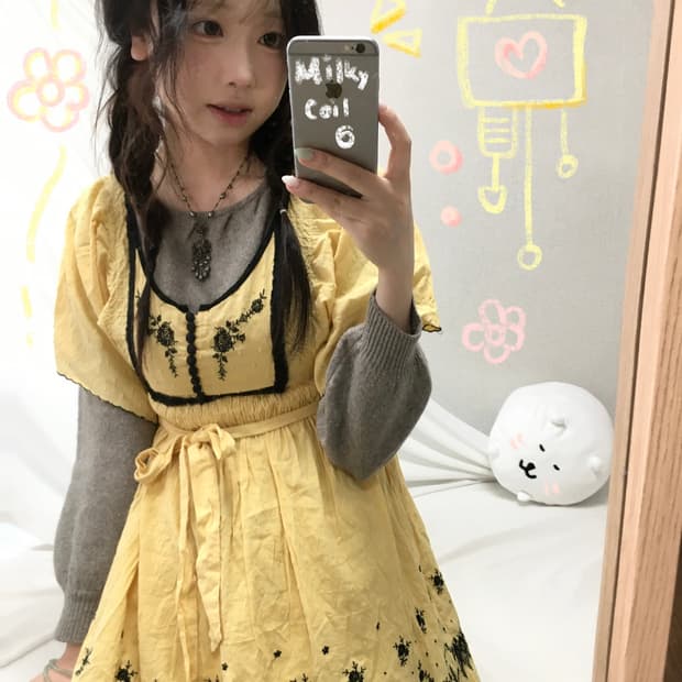 빈티지 핀터레스트 노랑 자수 엔틱 소녀 코디세트