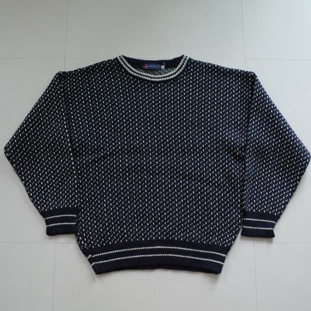 버드아이 브리티시 울 100% 네이비 크루넥 피셔맨 니트 M