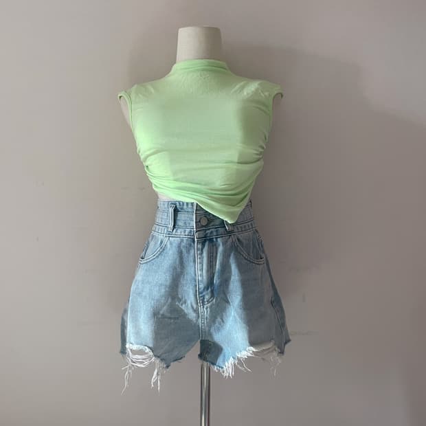 룩앳민 홀터넥 반팔 형광색 나시 캡내장 홀터넥