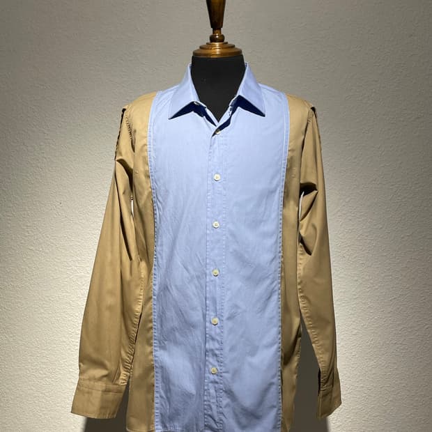 블루 베이지 배색 셔츠