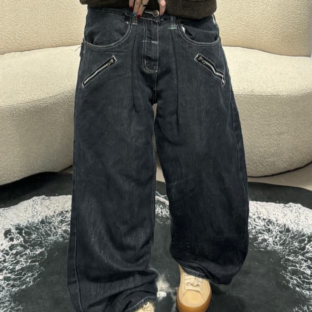 90s RED APE 다크 유틸리티 지퍼 포켓 초와이드 데님 팬츠