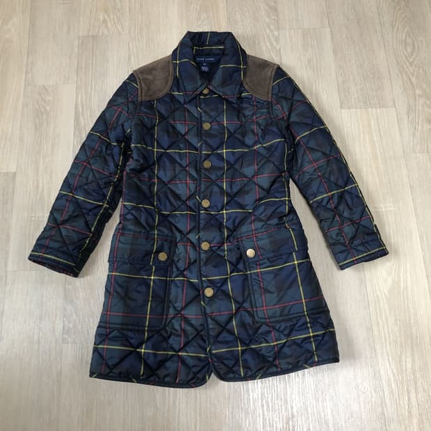 (6세) 폴로 랄프로렌 POLO 키즈 타탄 체크 롱 퀼팅 자켓 네이비