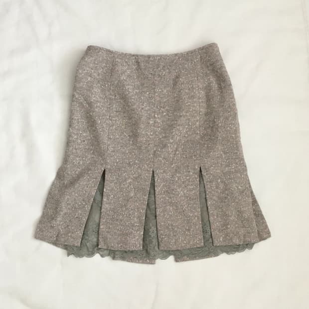 Tweed Pleated Lace-Insert Skirt