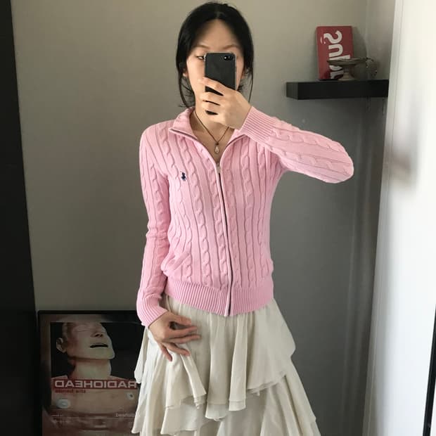 폴로 랄프로렌 포니 로고 핑크 케이블 니트집업