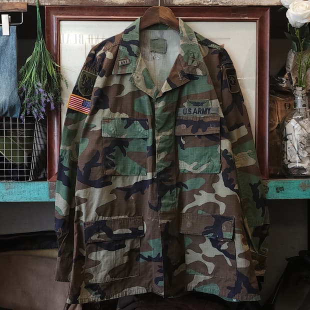 90s 미군 BDU 카모셔츠 우드랜드 라지 롱 자수