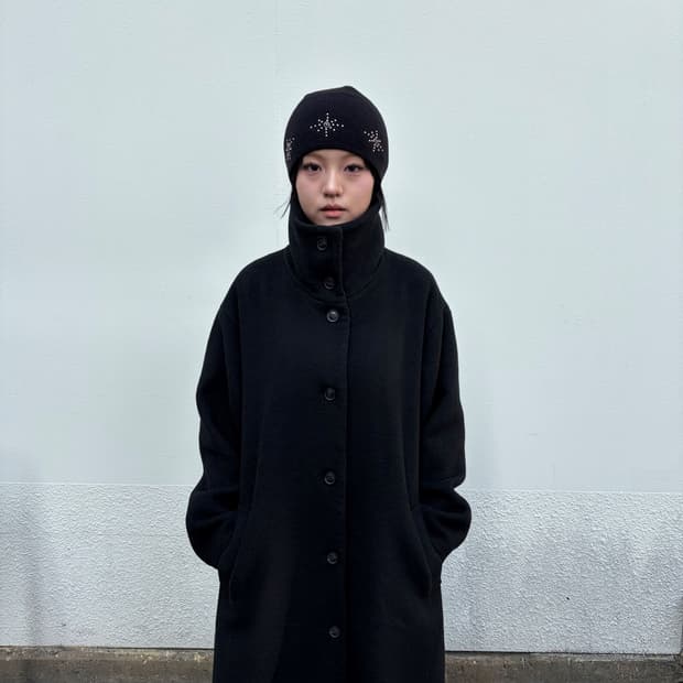 Vintage 하이넥 오버핏 울혼방 롱 코트 