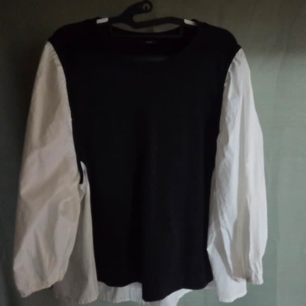 5천원 급처! 벌룬 소매 셔츠 블라우스 롱슬리브 배색 블랙, 화이트