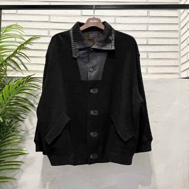 EURO VINTAGE 아란 케이블 레더 울자켓 하이넥 워머 디테일