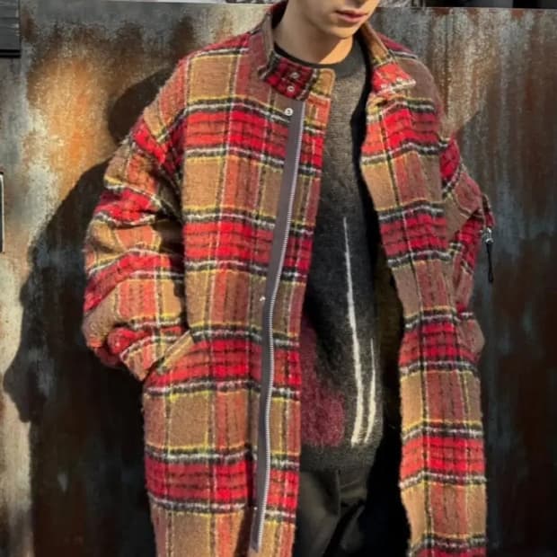 ( 초레어) 언더커버 23ss 모헤어  체크 패턴 아방가르드 미디코트