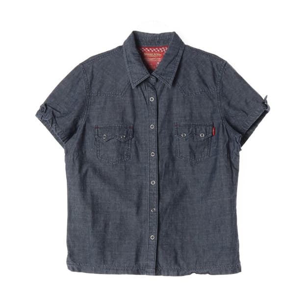 쉐인진스 레드 체크 배색 반팔 데님 셔츠 FL