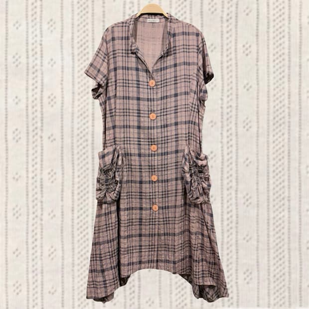일본 빈티지 체크 벌룬 셔링 포켓 포인트 언발 롱 원피스