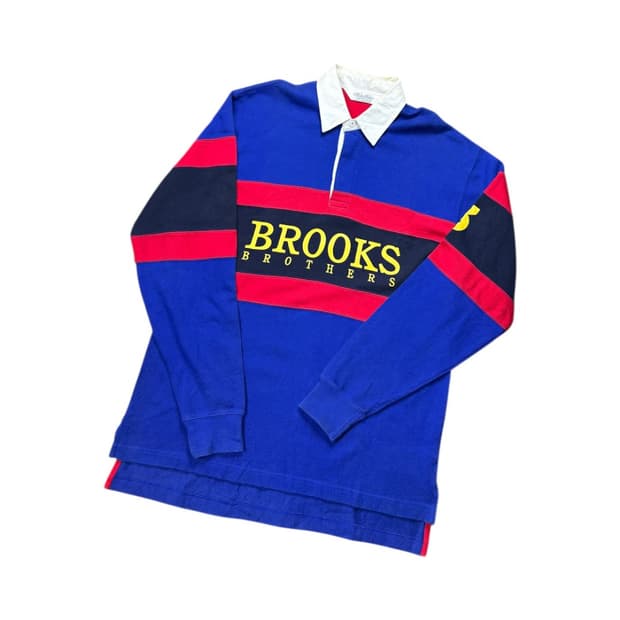 SL)브룩스브라더스 80s-90s 블루 컬러블록 로고 럭비티 T-097