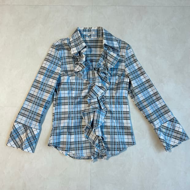 naracamicie skyblue check frill blouse