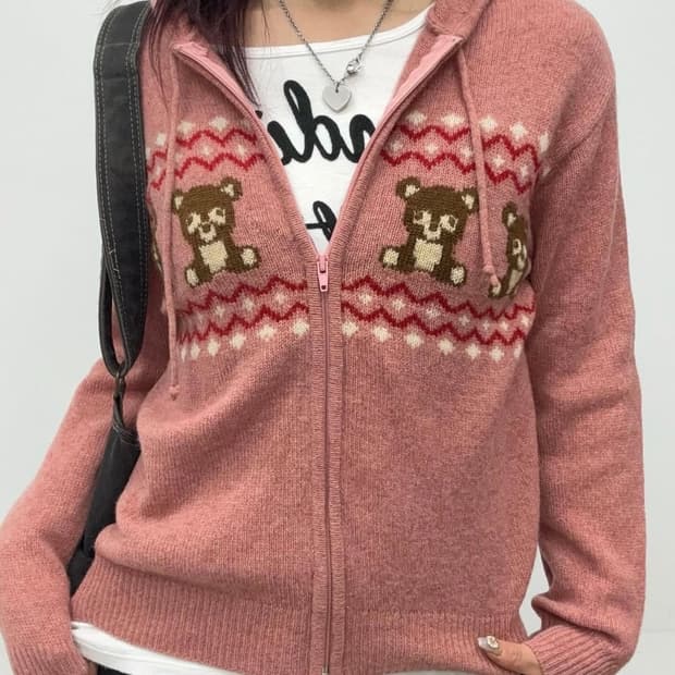 Teddy Bear Embroiddered Knit Zip-Up