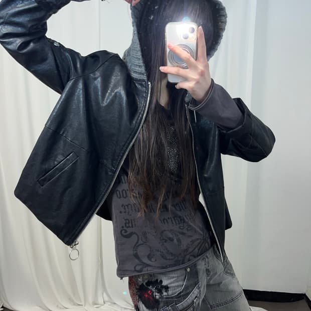 십자가 니트 후드 레더 자켓