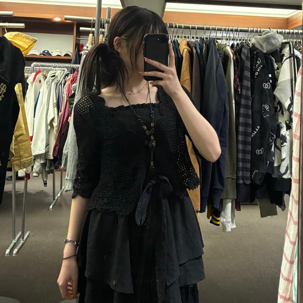 OS)Japanese vintage 여성 블랙 크로셰 가디건 