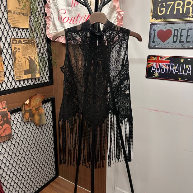 Black Lace Tassel Sleeveless Top