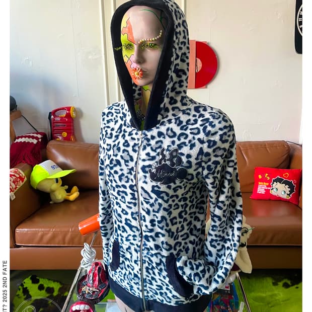 Old Disney Japan Leopard Fur Hood Zip-Up