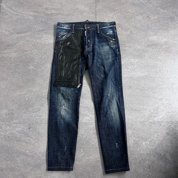 디스퀘어드2 11fw 루키 3 레더 판넬 데님 팬츠