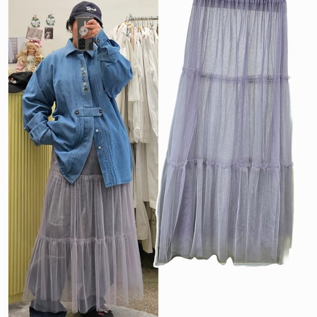 라이트그레이 캉캉 시스루 튤 스커트