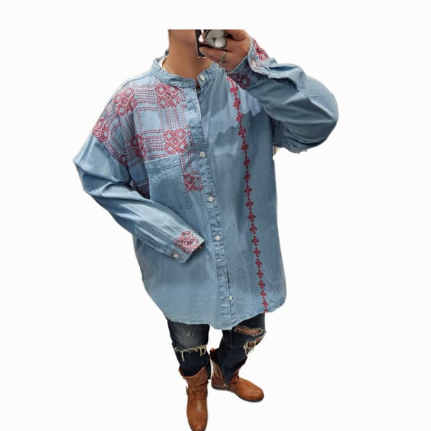 India 헨리넥 자수 데님셔츠